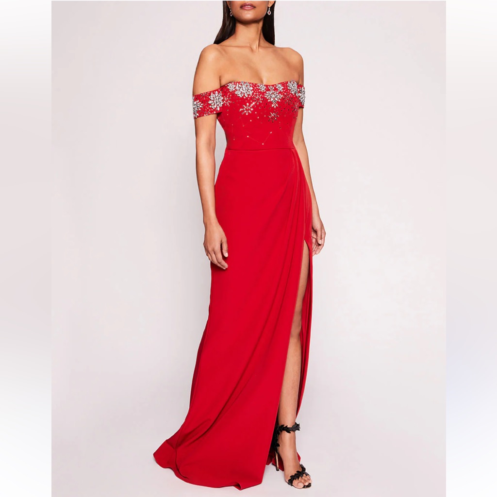 Red Embellished Off-Shoulder Gown With Slit